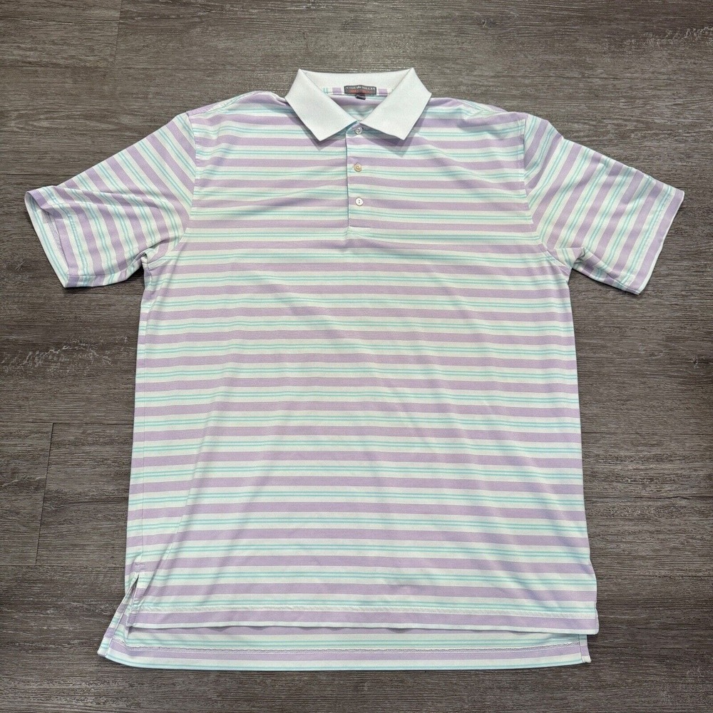 Peter Millar Polo Shirt Mens Large Summer Comfort Striped Pink Green Golf Casual